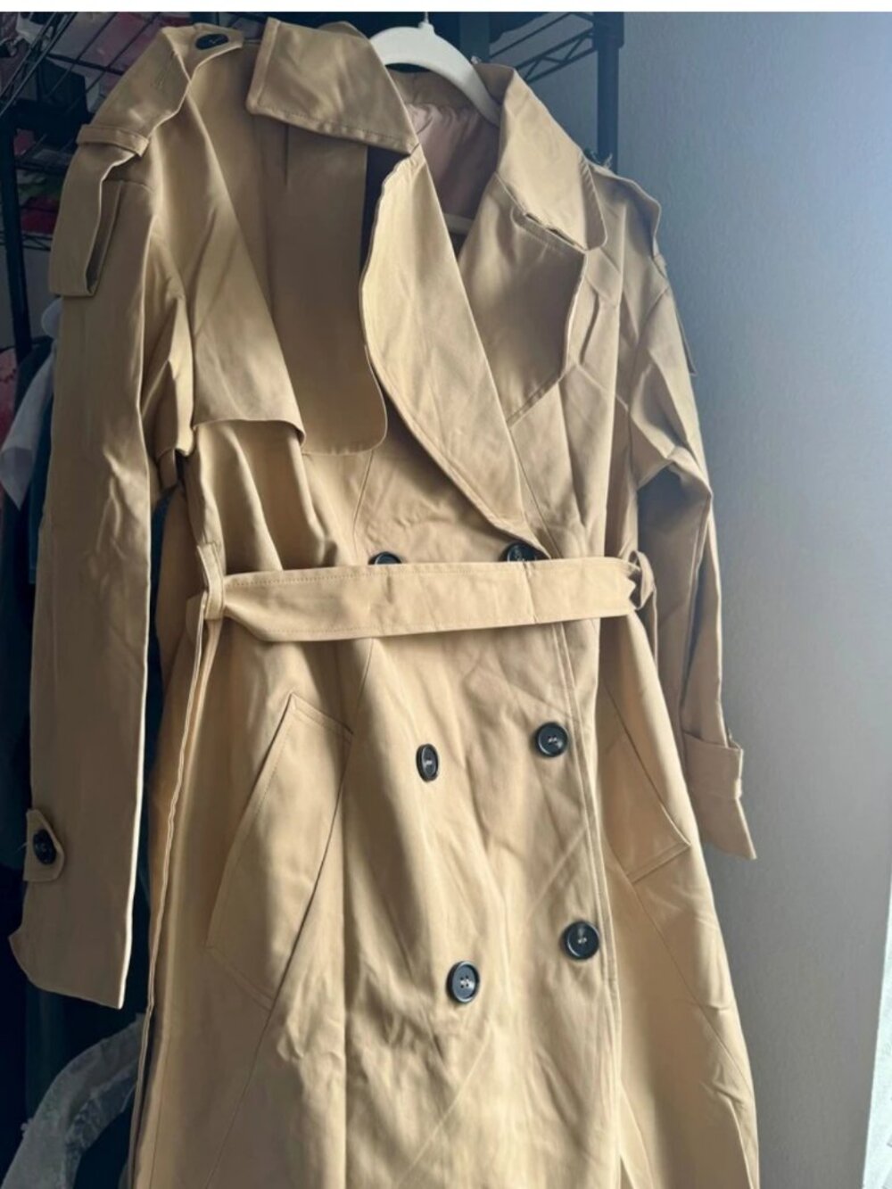 Women's Khaki Oversized Belted Trench Coat Long Double Breasted Jacket - Picture 4 of 4